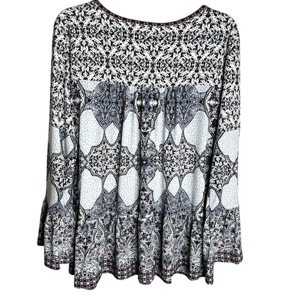 Style & Co Peasant Boho Top Size L Purple White Print Long Bell Sleeves Smocked - Picture 4 of 9